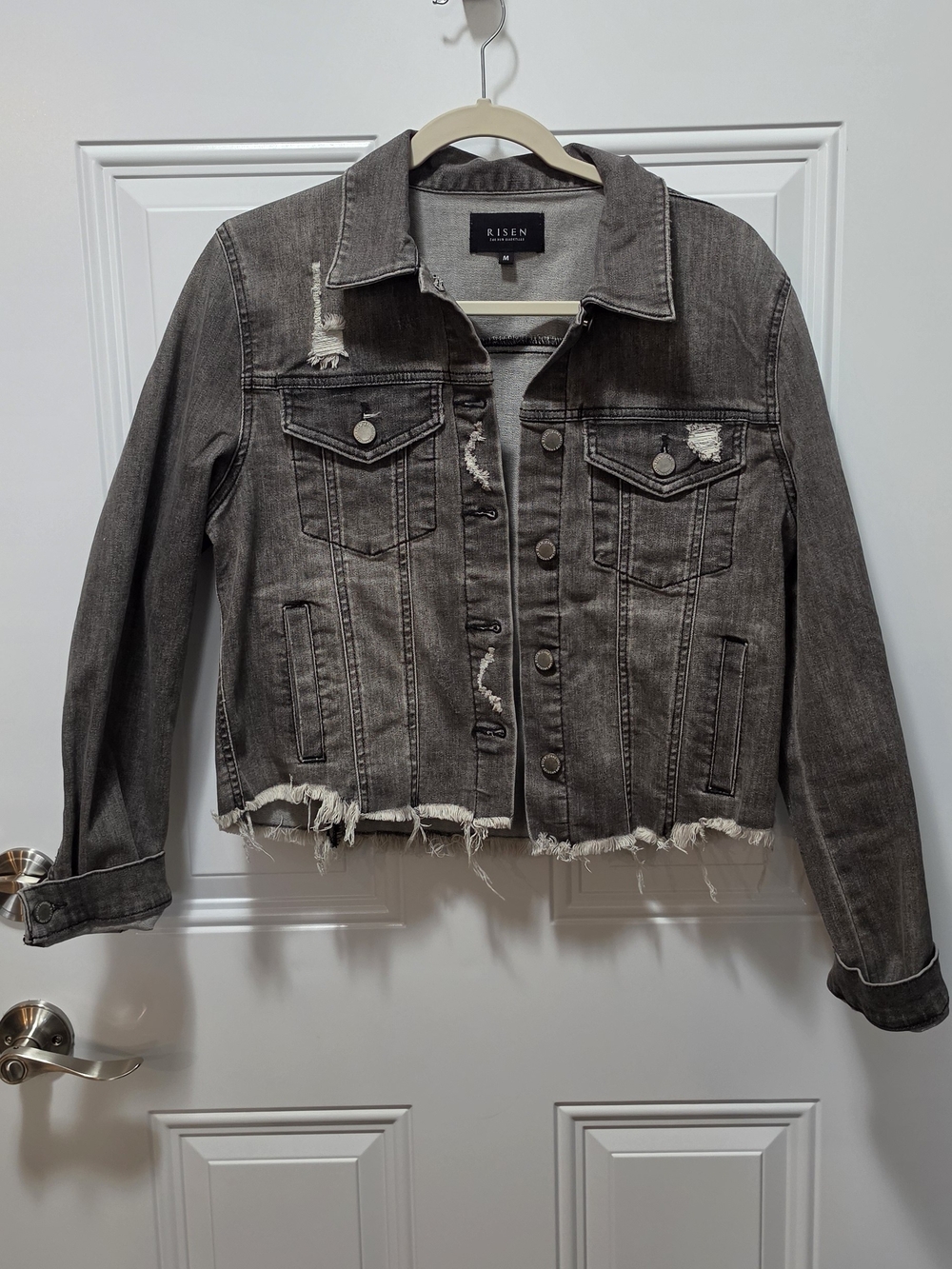 Risen Women's Gray Distressed Cropped Denim Jacket